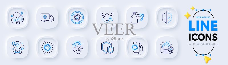 停止冠状病毒、紫外线防护和新冠应用程序线性图标,适用于Web应用程序。象形图。矢量图图标素材
