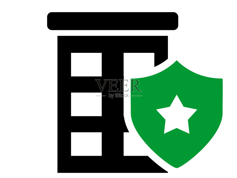 带有盾牌图标的房屋:自然灾害、洪水和保险概念。黑白线条艺术风格,透明背景上的可编辑矢量文件。保险概念图标素材