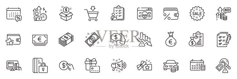 支付、在线支付和欧元货币线条图标包。适用于Web应用程序。矢量图形图标素材