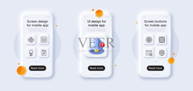 滤镜、日历税和枝形吊灯线条图标包。适用于Web应用程序。3D手机模型。矢量图标素材