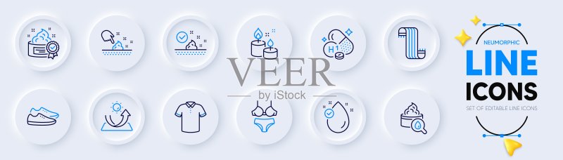 用于Web应用程序的护肤、T恤和防晒线性图标。象形图图标。矢量图标素材