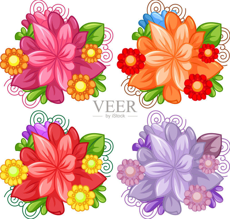 夏季装饰彩色卡通花朵套装插画图片素材