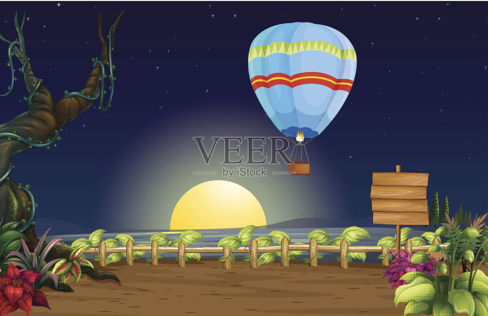 明亮的满月里的热气球插画图片素材