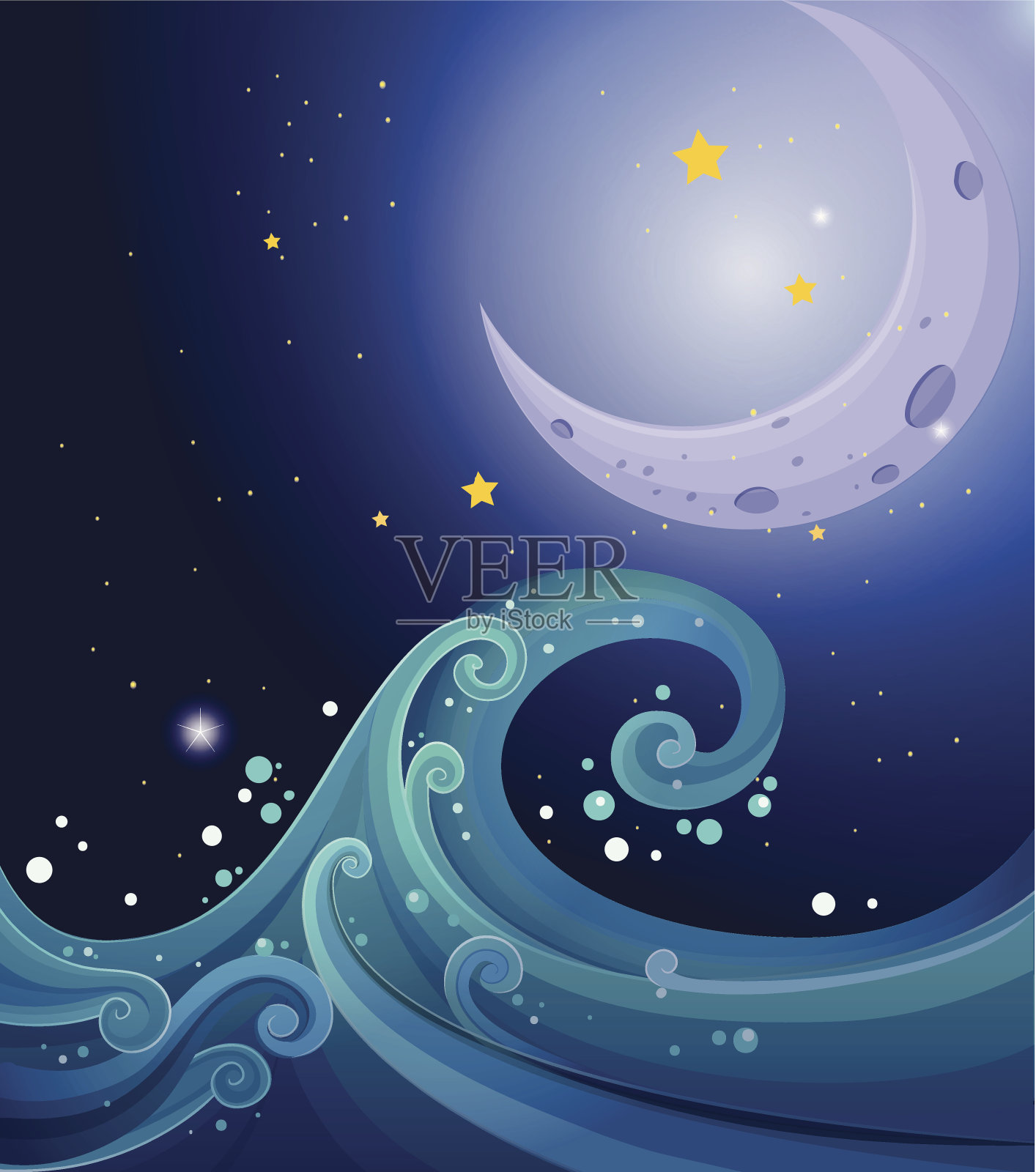 海浪和月亮的图像插画图片素材