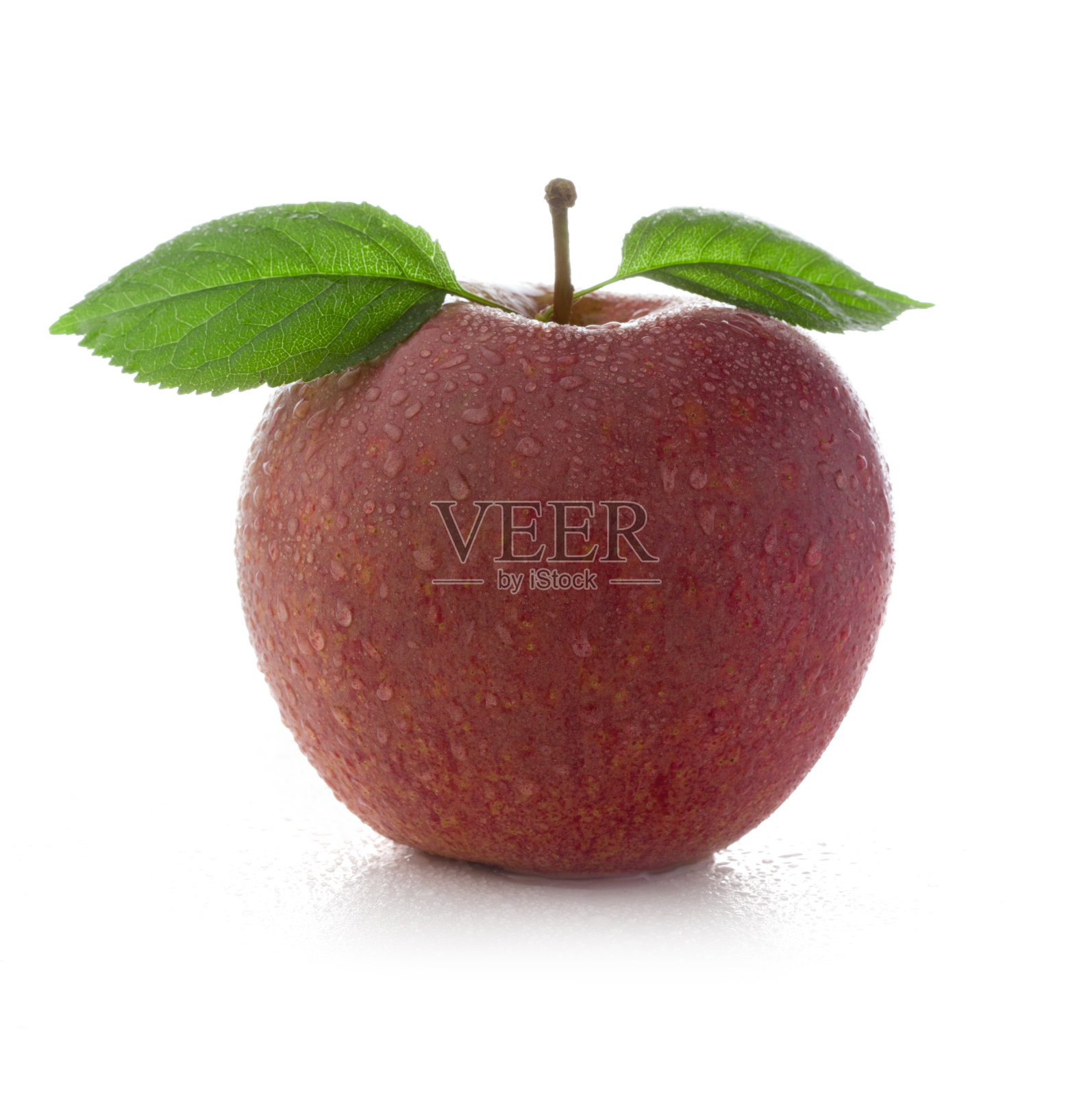 新鲜湿润的红苹果，绿色的叶子照片摄影图片