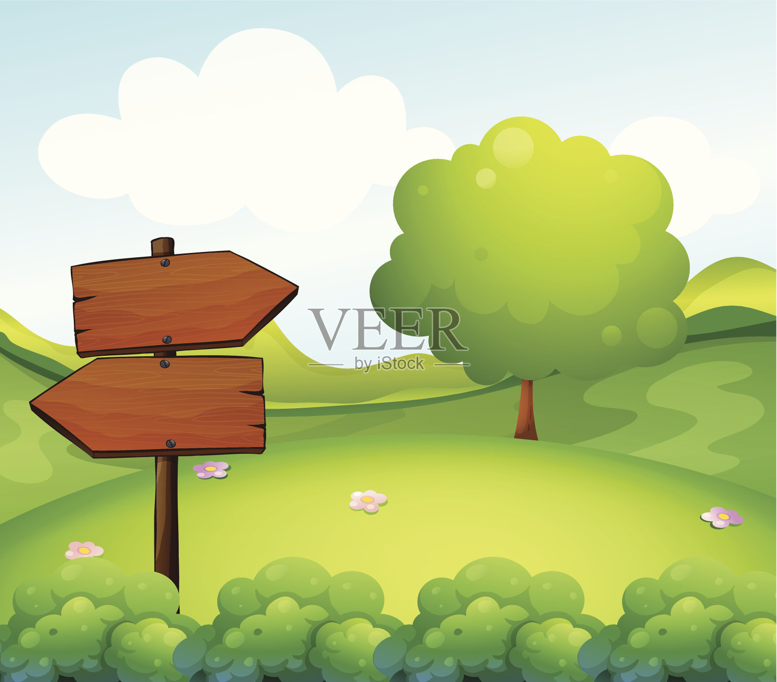 山上的木制箭头板插画图片素材