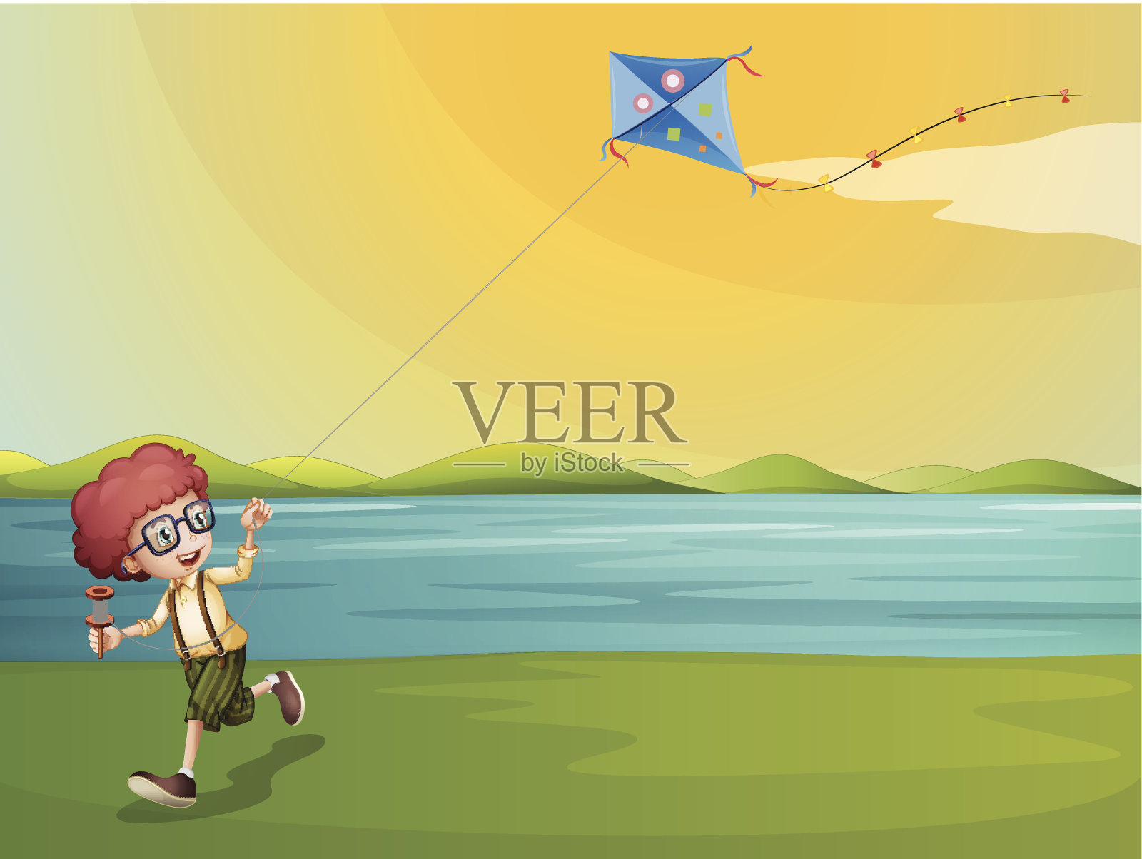 小男孩在河边玩风筝插画图片素材