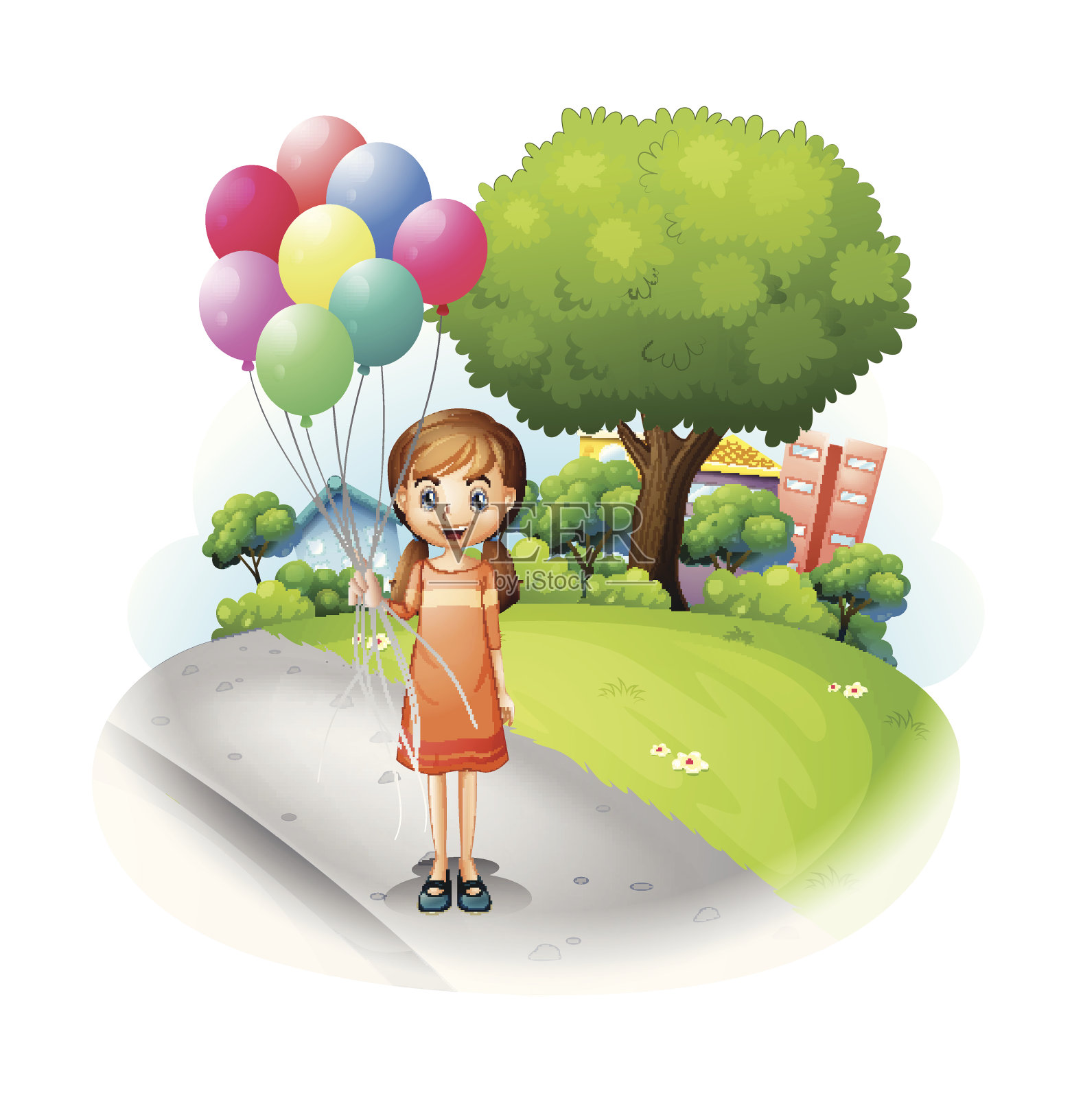 路上有个女孩带着八个气球插画图片素材