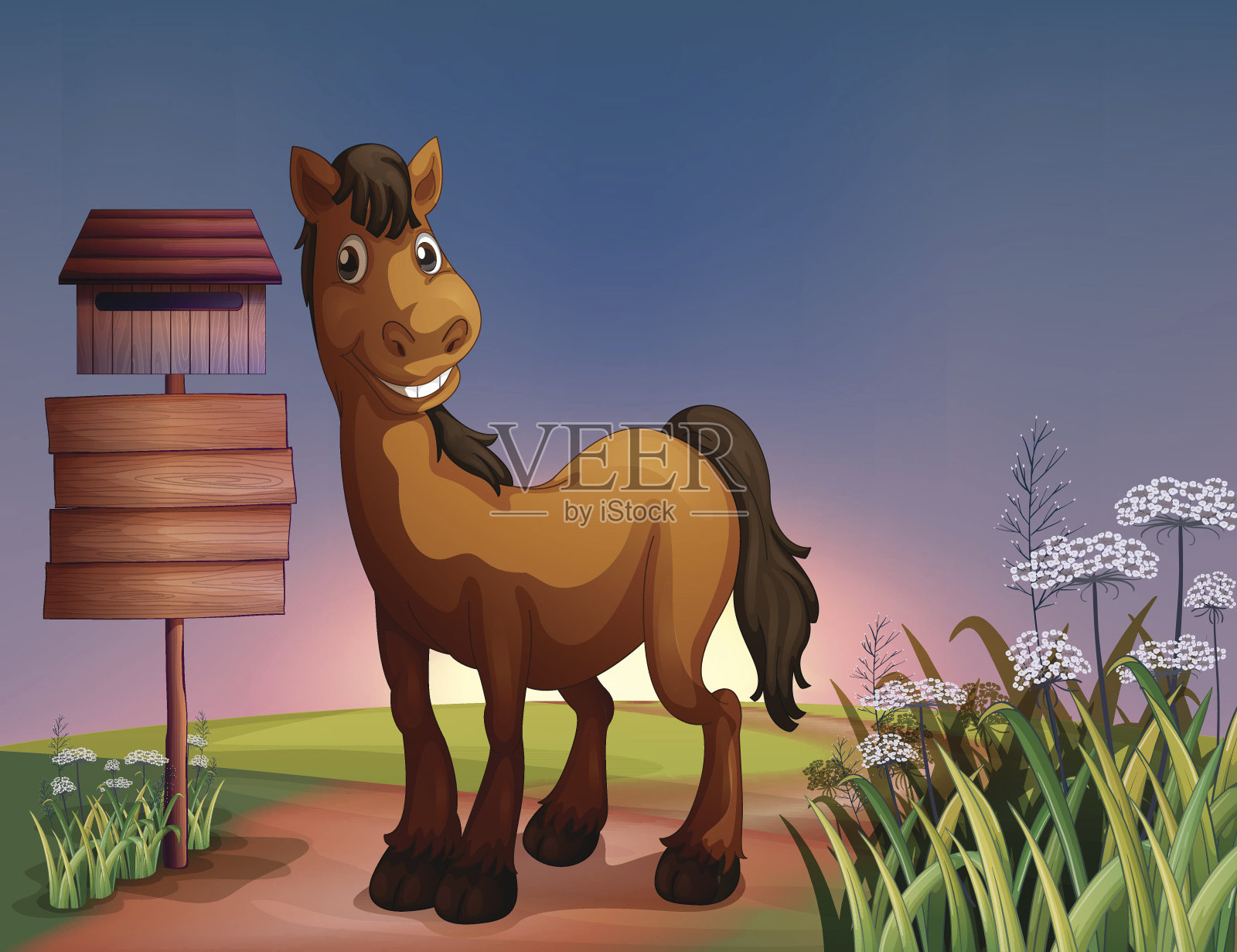 马靠近木招牌和信箱插画图片素材