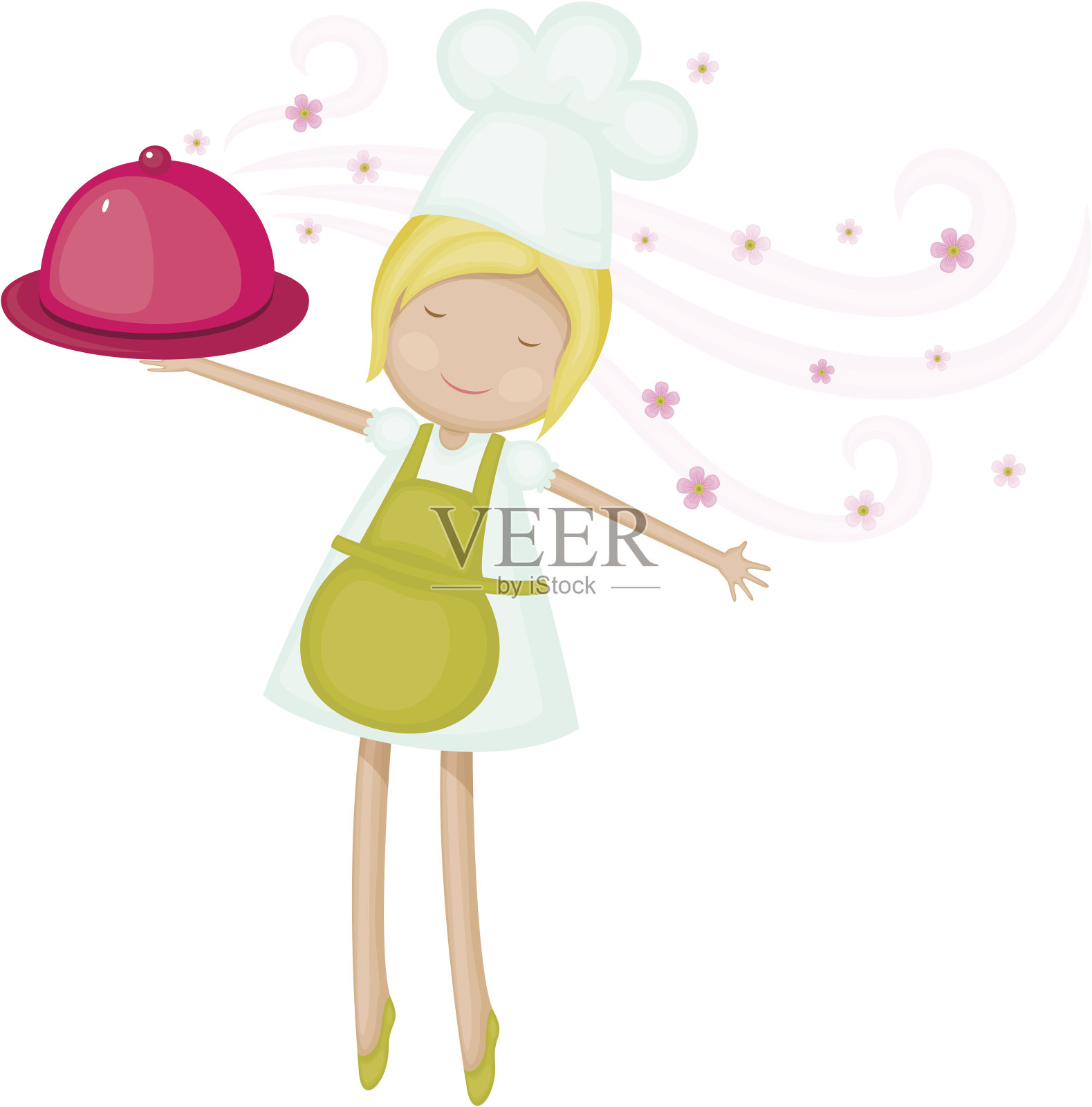 快乐的厨师女孩与新鲜芳香的菜肴插画图片素材