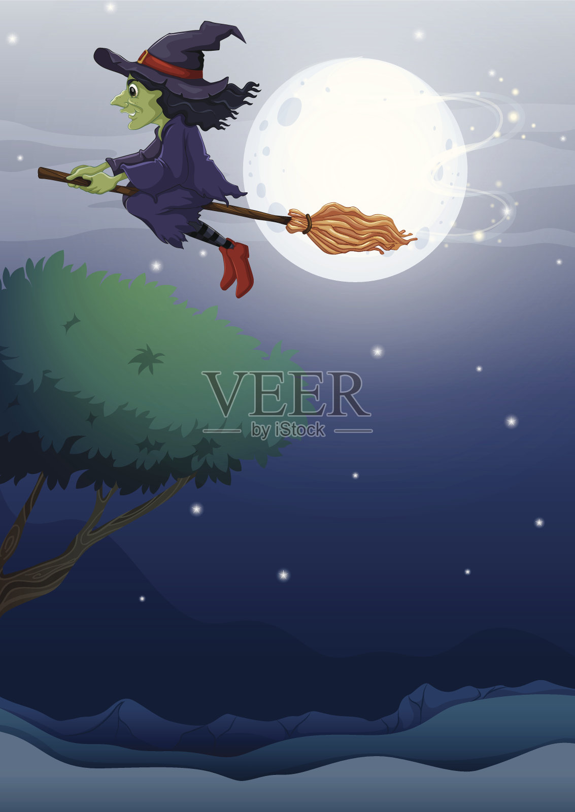 女巫骑着扫帚沿着满月插画图片素材