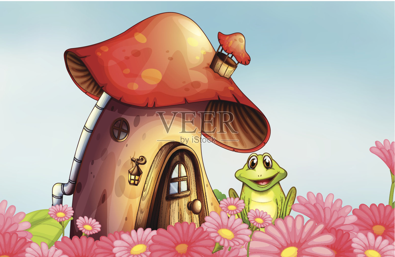 青蛙在蘑菇房旁边有一个花园插画图片素材