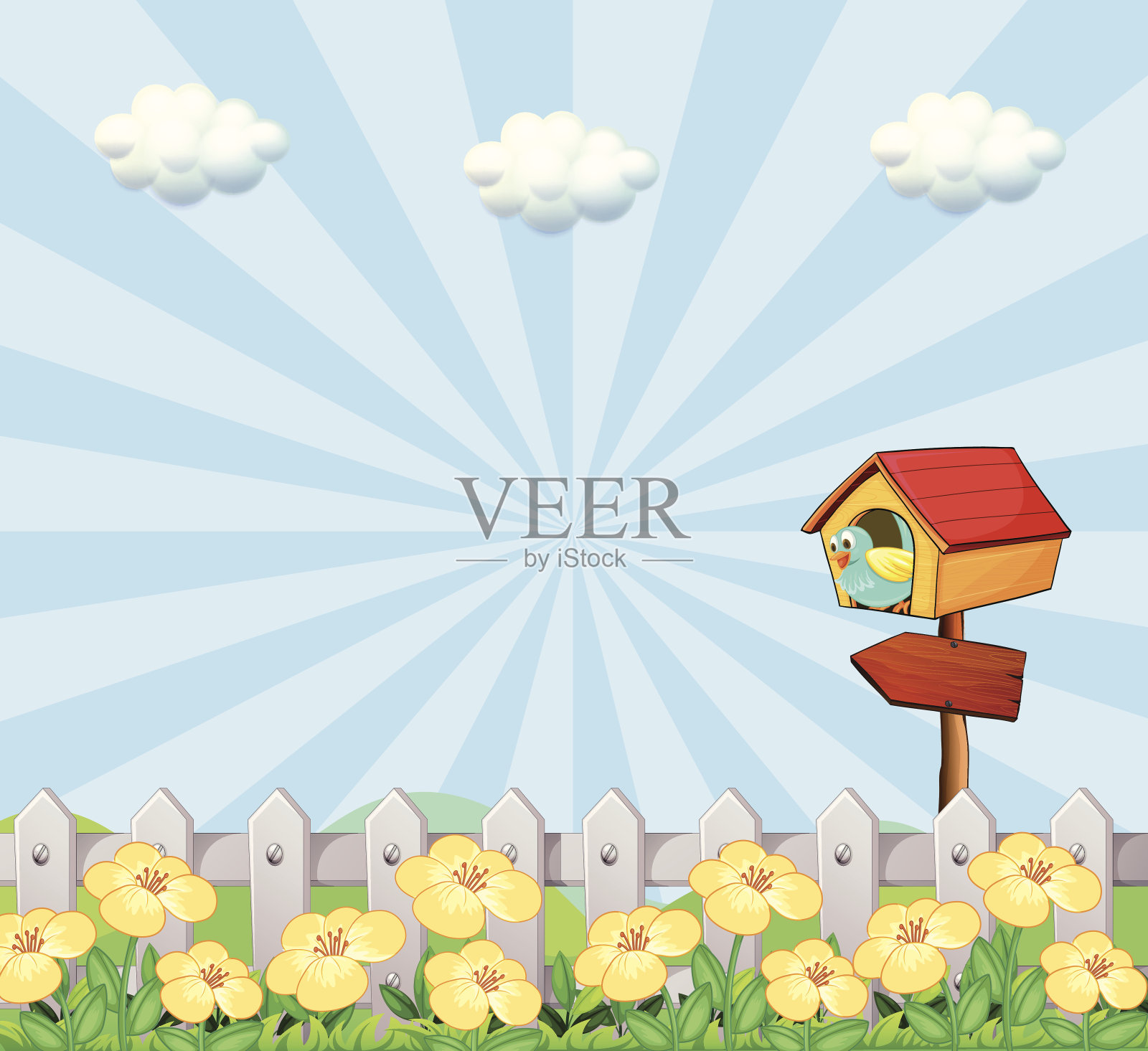 鸟在木栅栏附近的鸟屋里插画图片素材