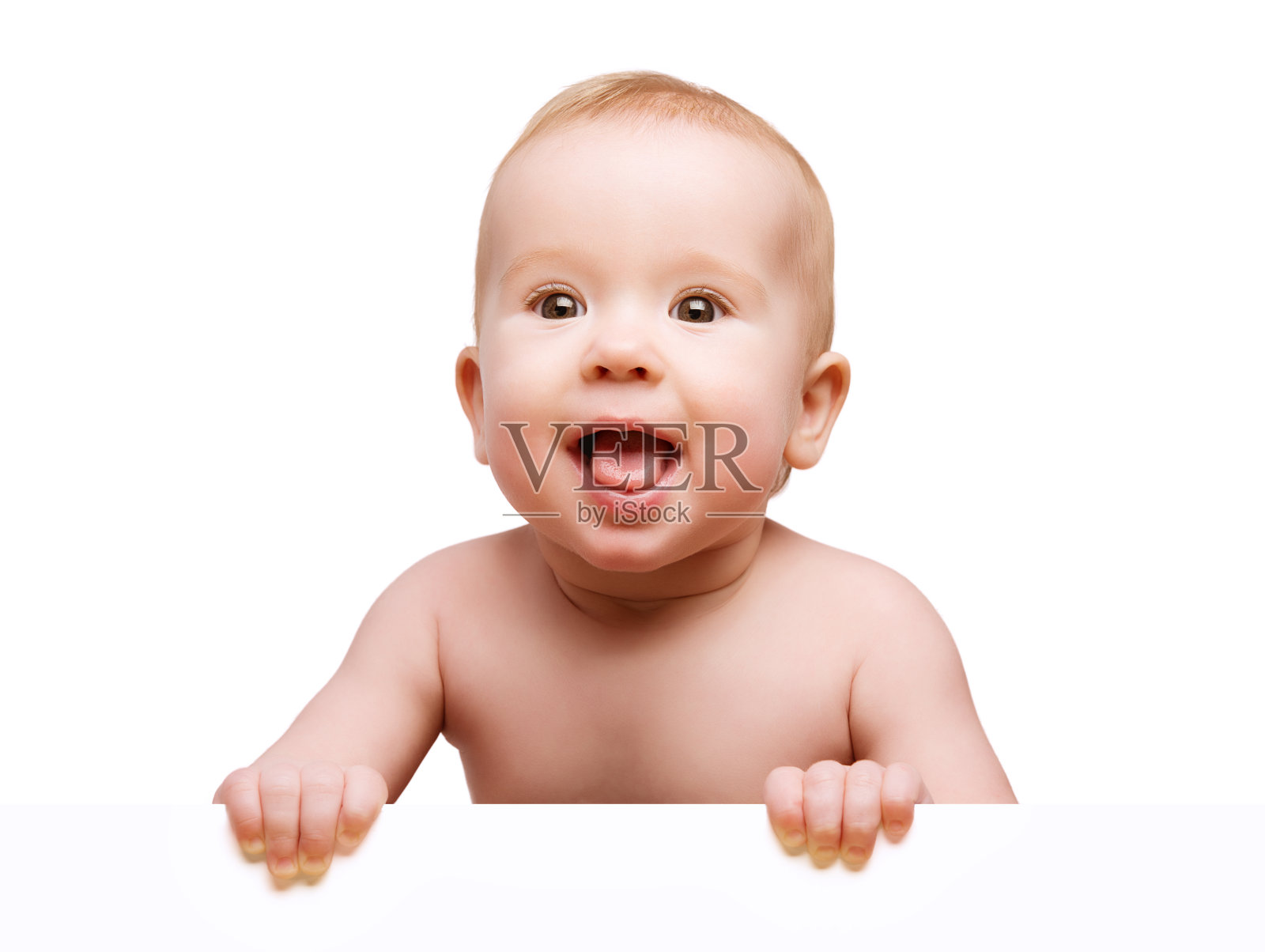 有趣可爱的婴儿与白色的空白横幅隔离照片摄影图片