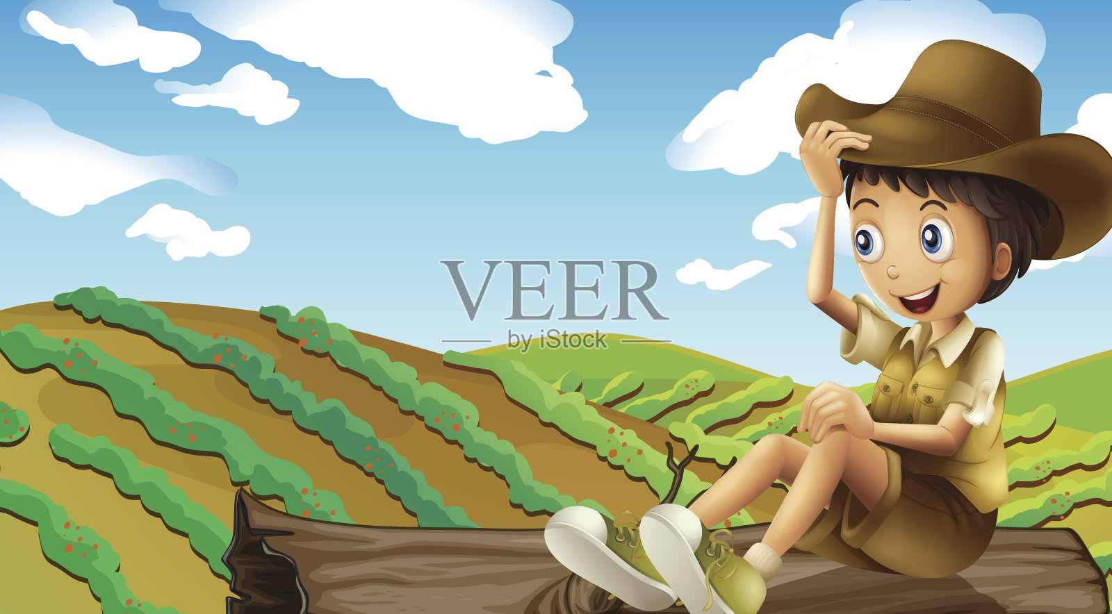 男孩坐在后备箱上插画图片素材