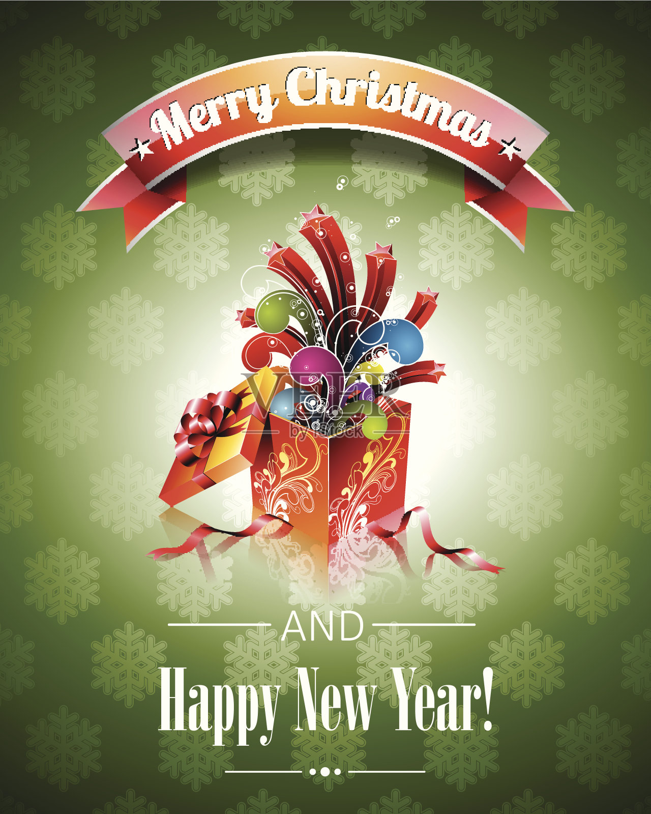 圣诞插图与魔术礼品盒上的绿色背景。设计模板素材