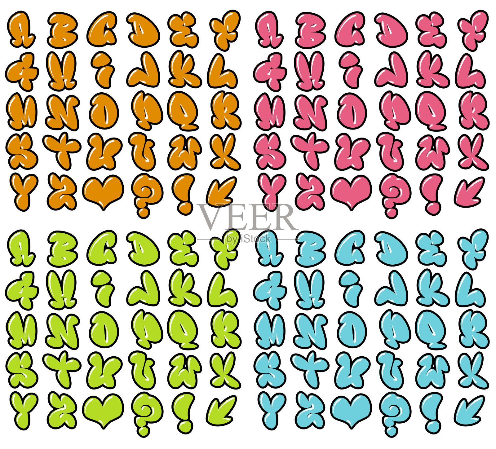 有趣的泡泡字体涂鸦字母在不同的颜色设计元素图片