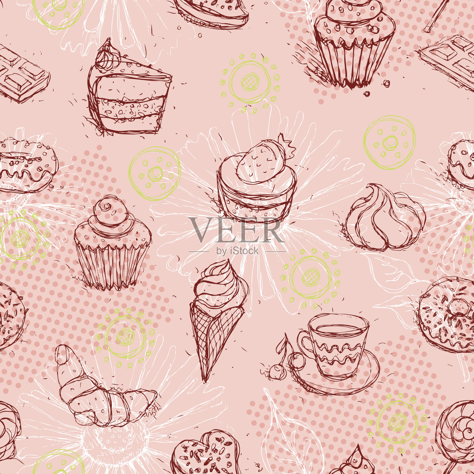 有趣的无缝图案与冰淇淋咖啡蛋糕羊角面包。向量插画图片素材