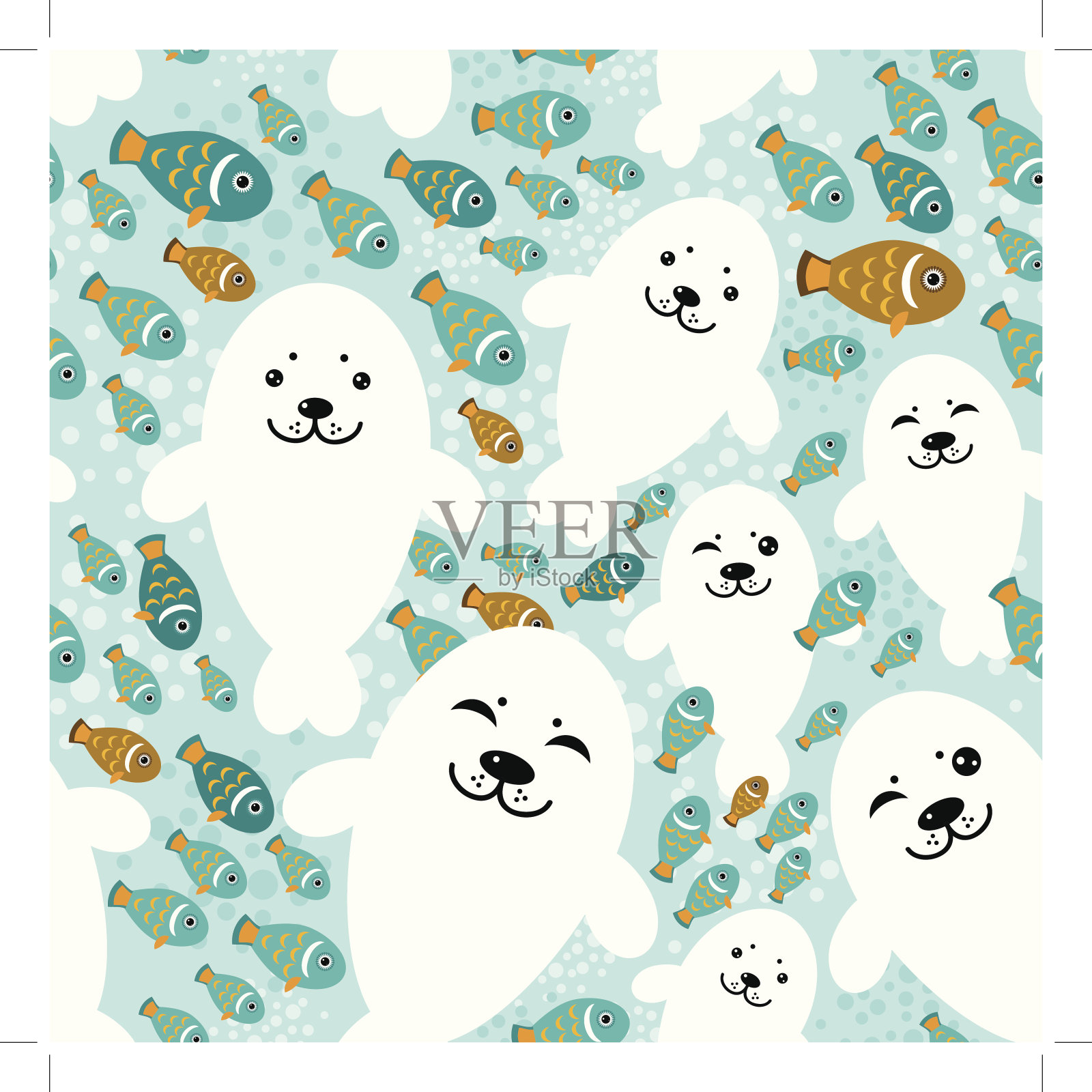 无缝图案与鱼白色海豹动物蓝色背景。向量插画图片素材