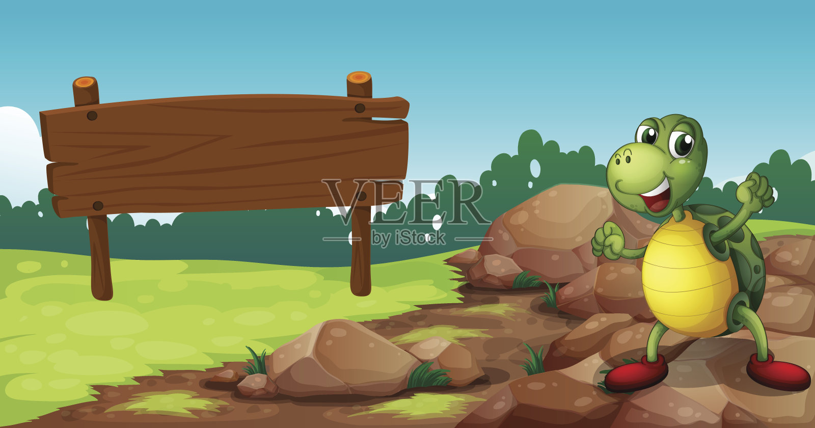 乌龟在一块空招牌附近的岩石区域插画图片素材