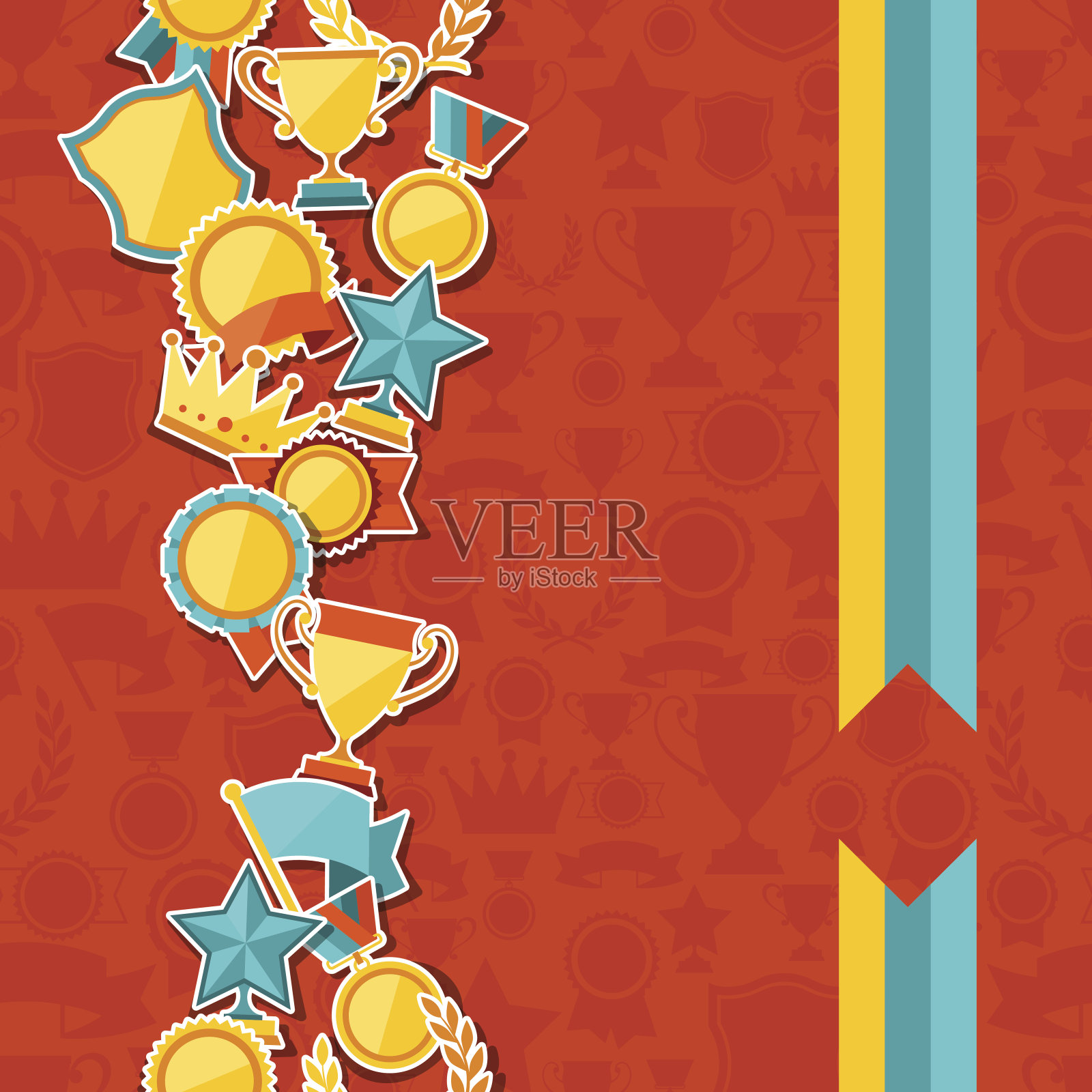 无缝模式与奖杯和奖励贴纸。插画图片素材