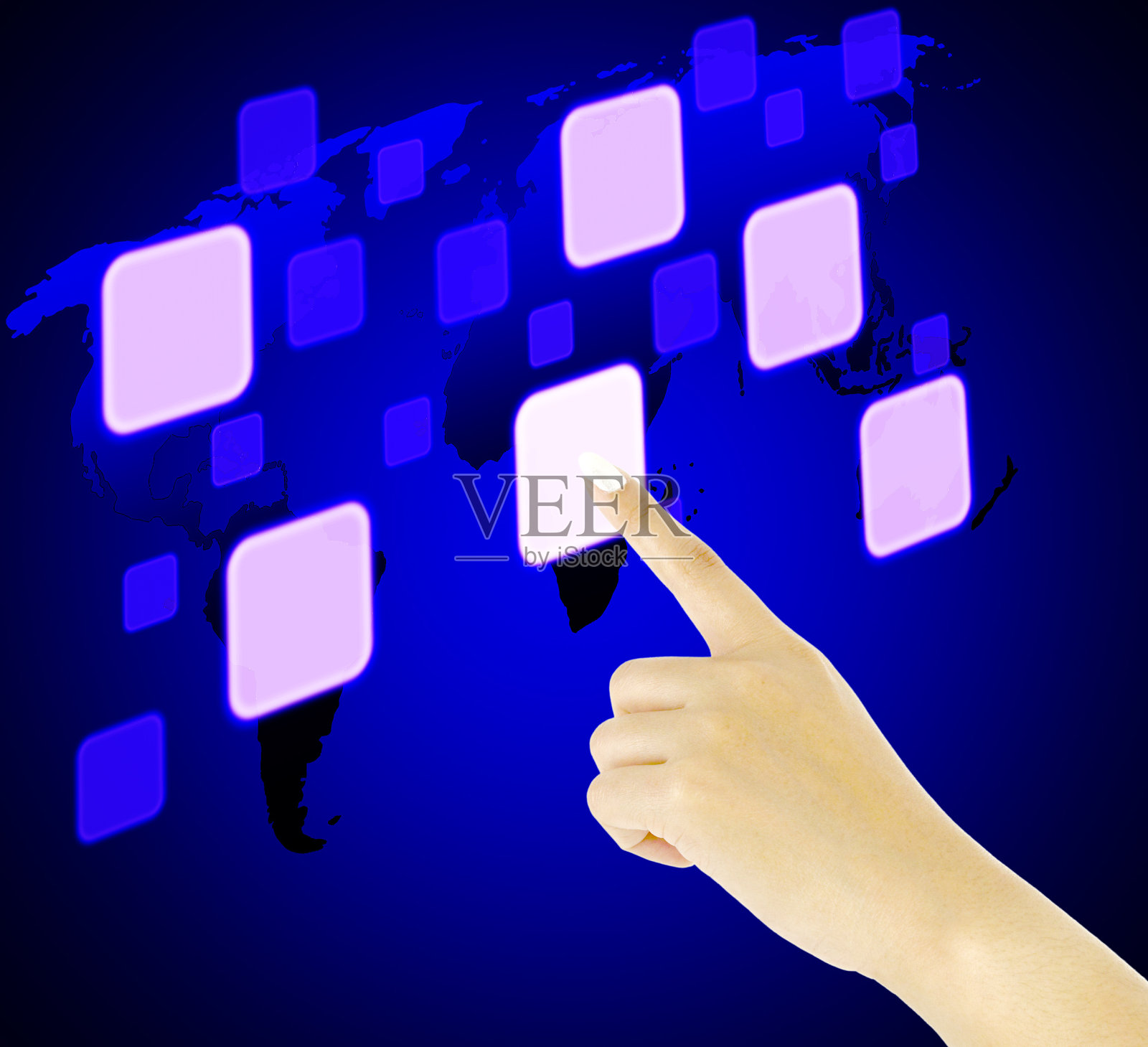 手指按按钮在触摸屏界面与世界地图照片摄影图片