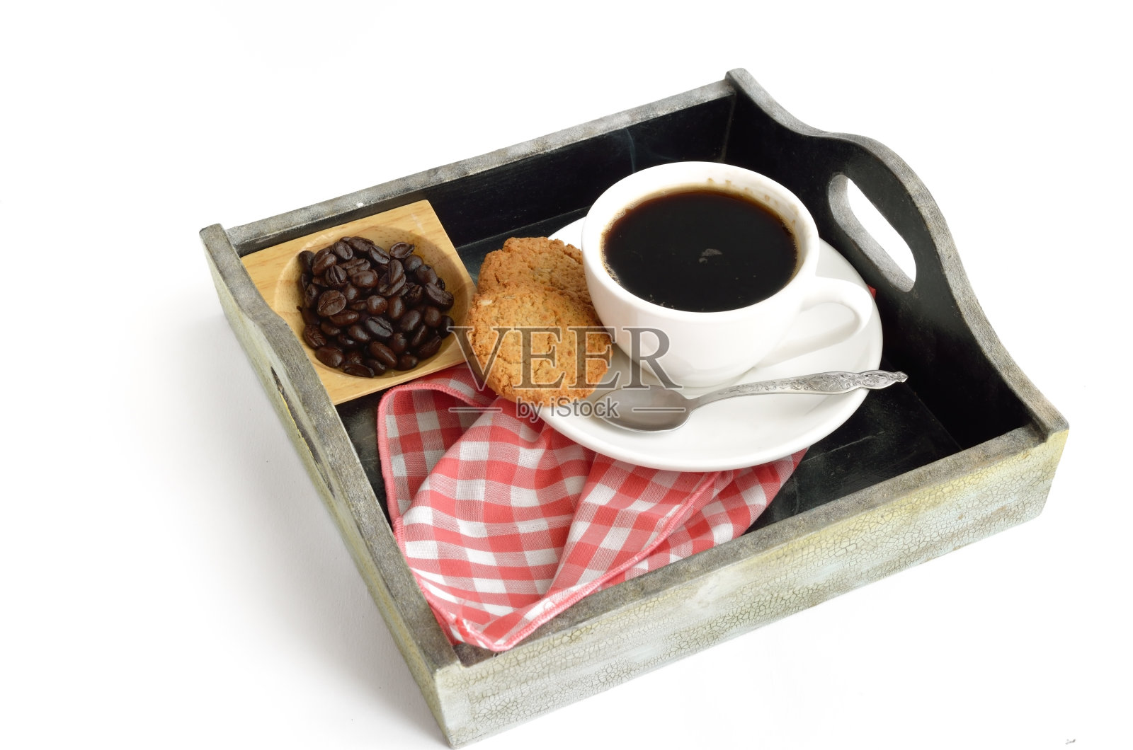 咖啡杯，豆子和饼干照片摄影图片