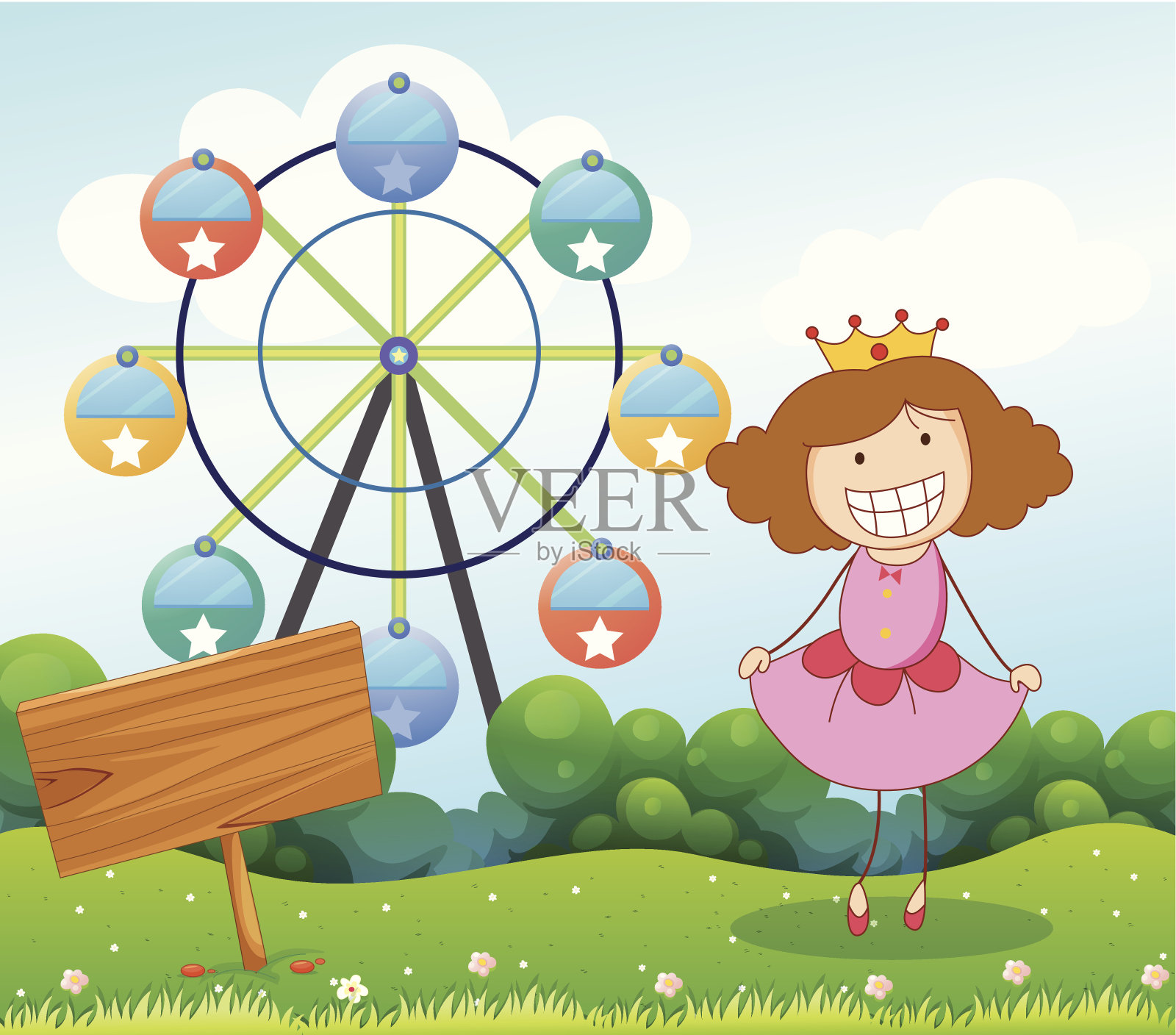 皇后在山上，有一个木制的招牌插画图片素材