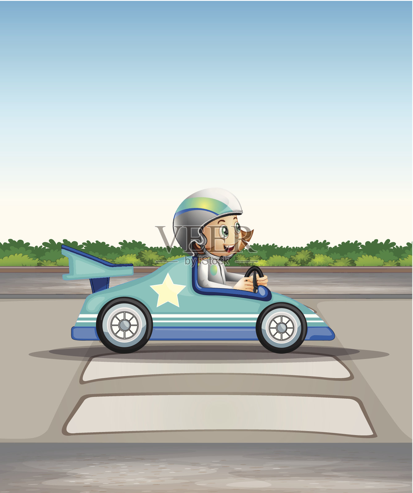开着蓝色赛车的女车手插画图片素材