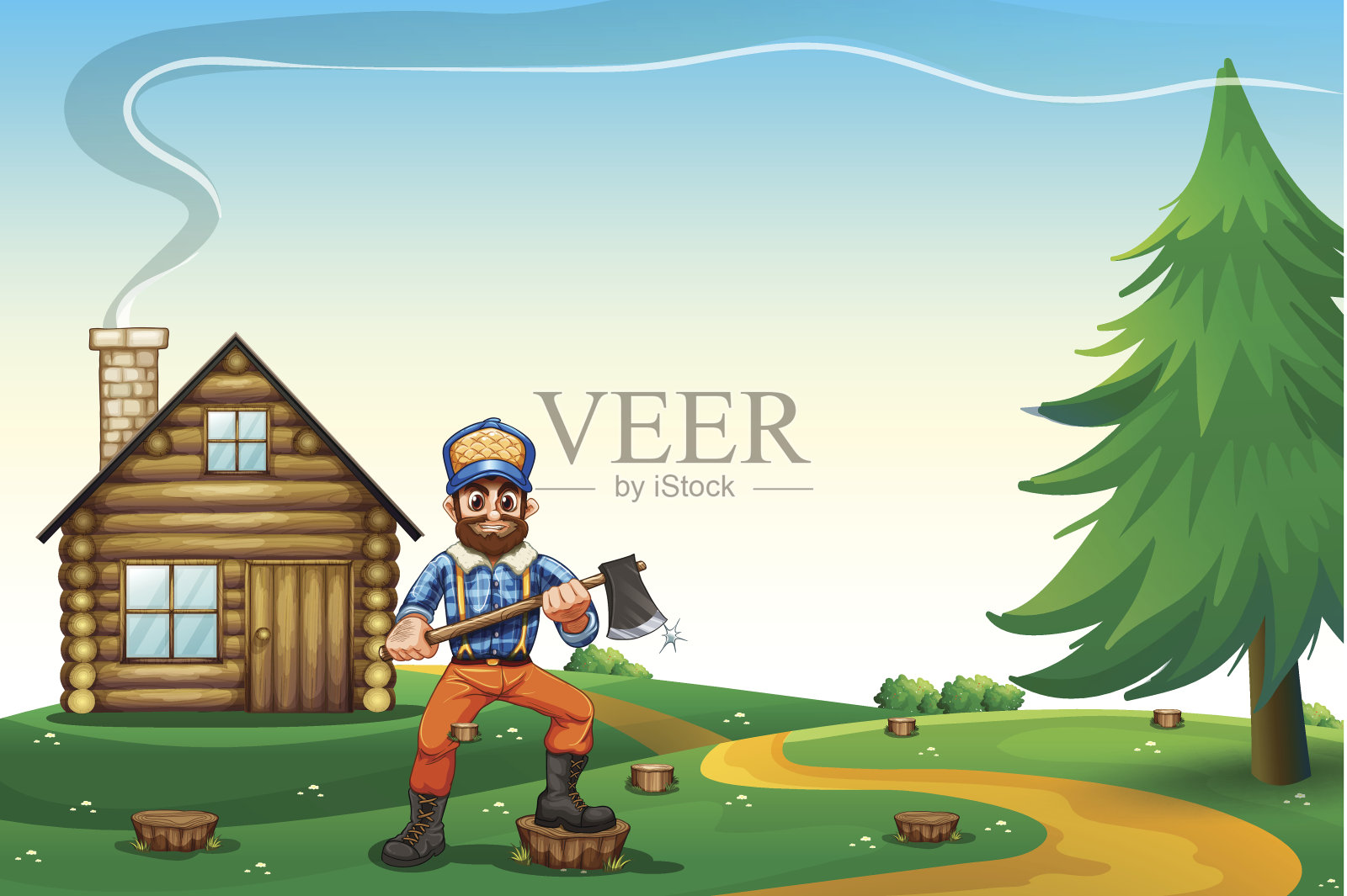 山顶上有当地人的房子和伐木工插画图片素材