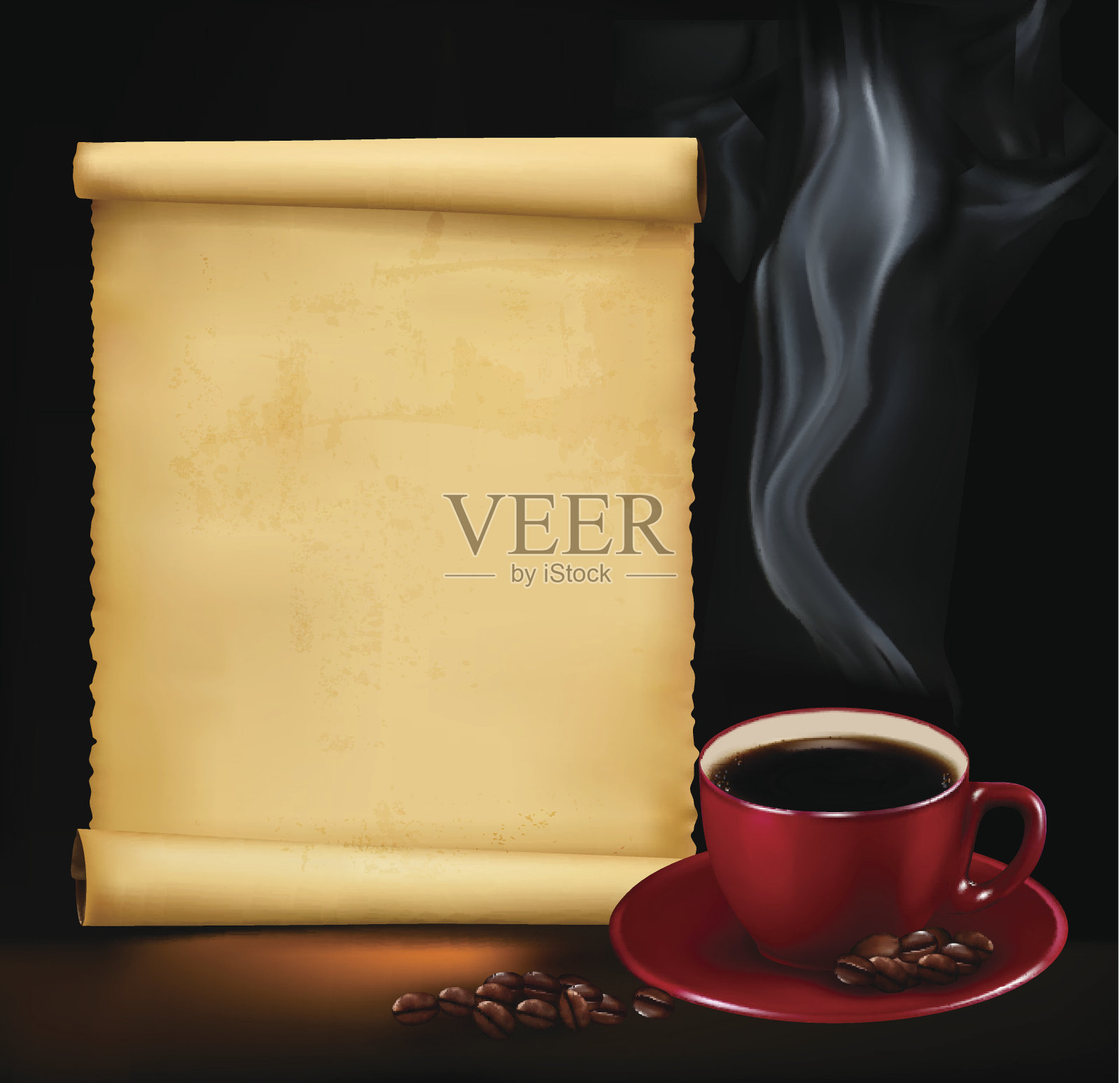 背景与一杯咖啡和旧纸。向量插画图片素材