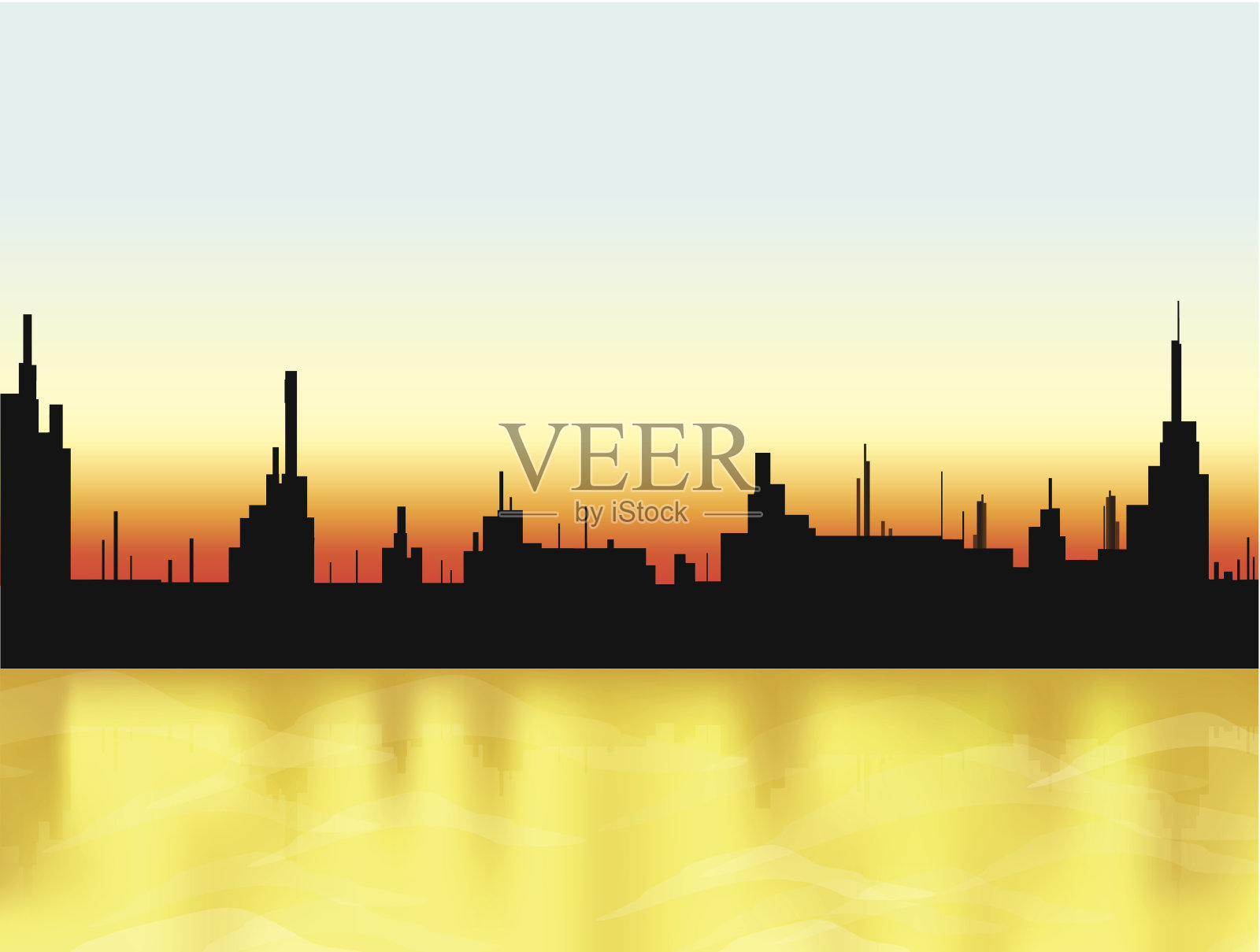 日落在城市和大海。向量插画图片素材