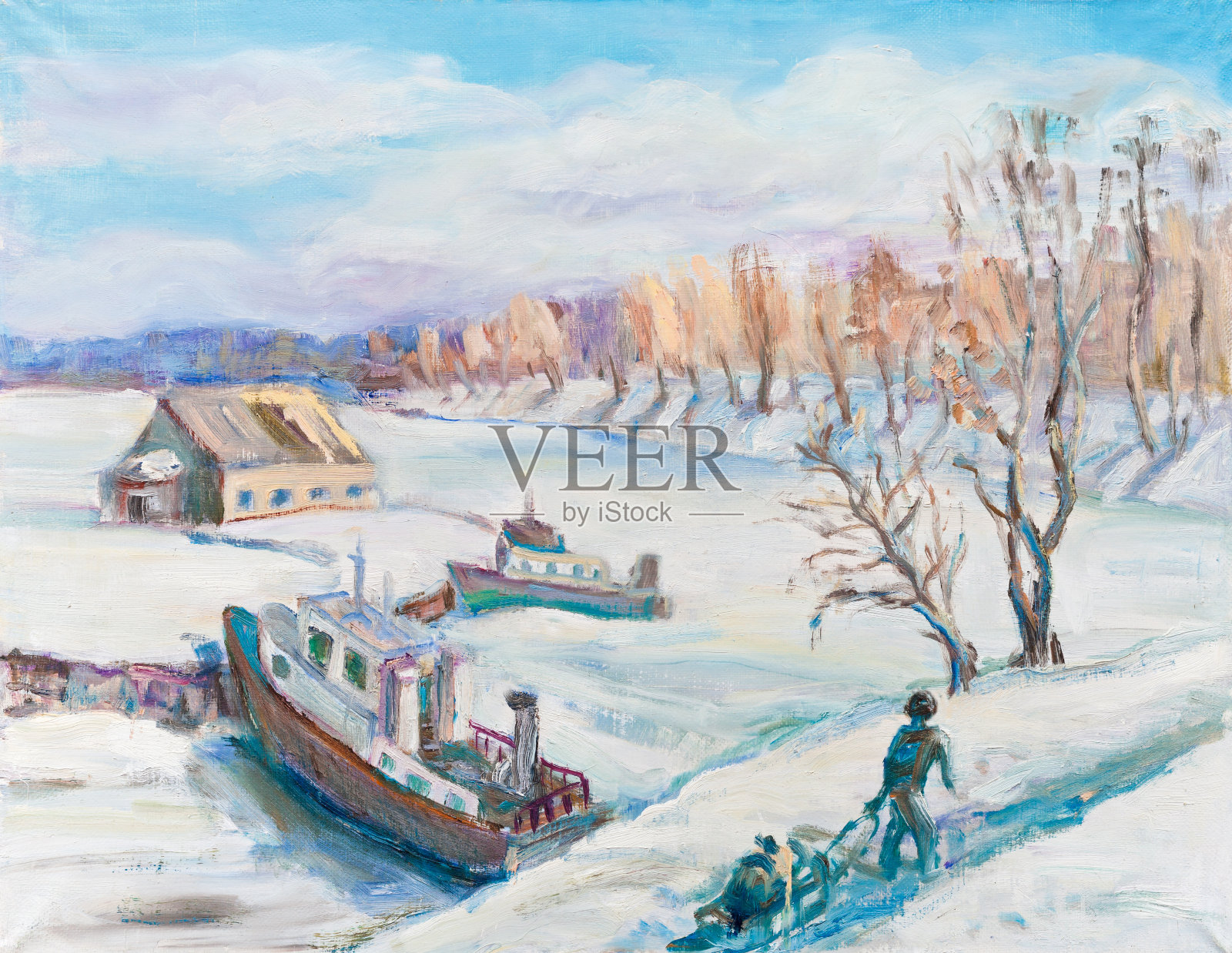 冬季的湖岸插画图片素材