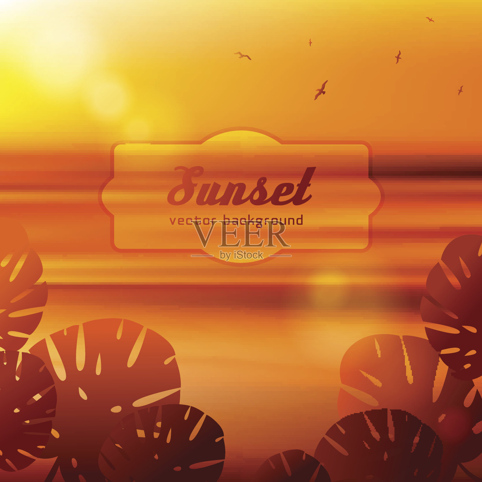 日落时的海景与大热带树叶。插画图片素材