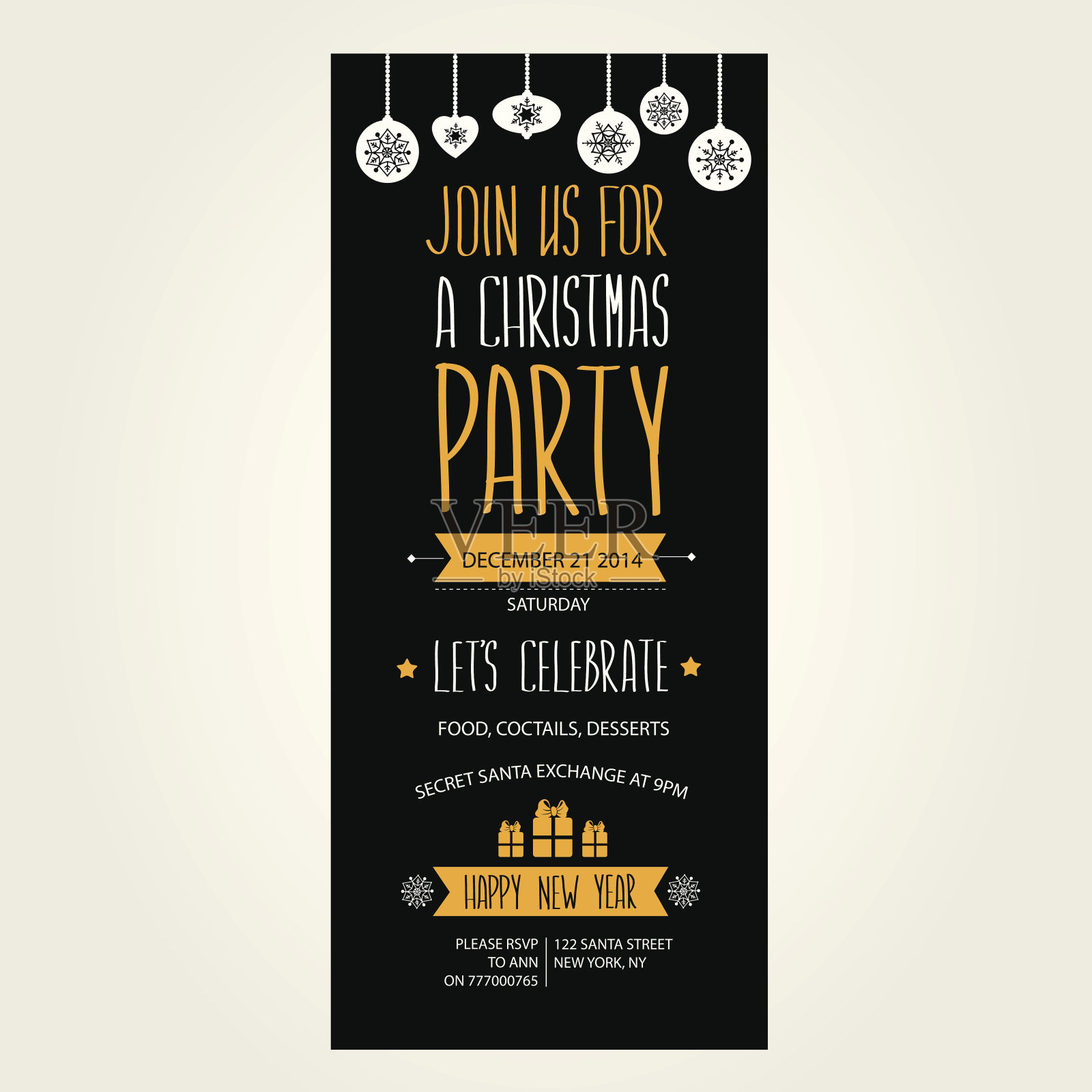 黑色和黄色的圣诞派对邀请函设计模板素材