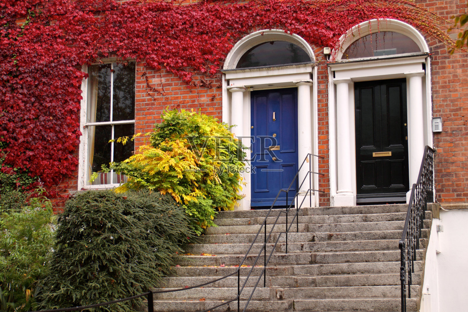 黑色和蓝色的都柏林门在秋天照片摄影图片