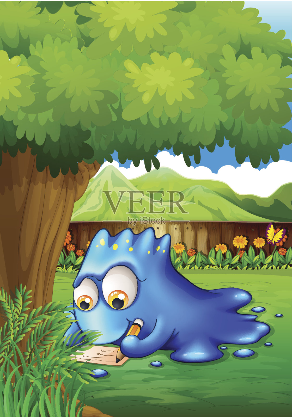 院子里写着一个蓝色的怪物插画图片素材