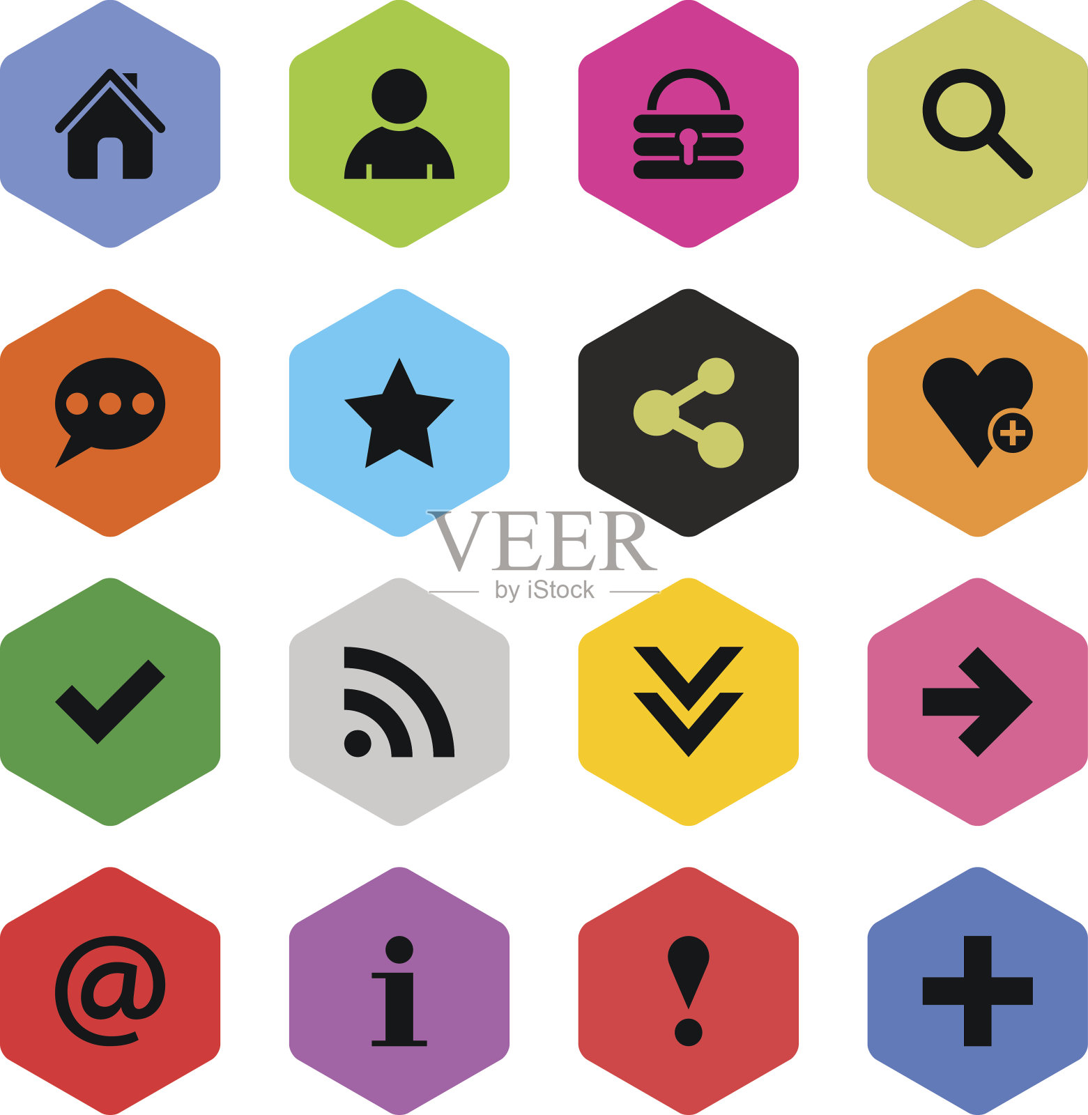 标志颜色基本为六角形按钮，简单图标为平直平直风格图标素材