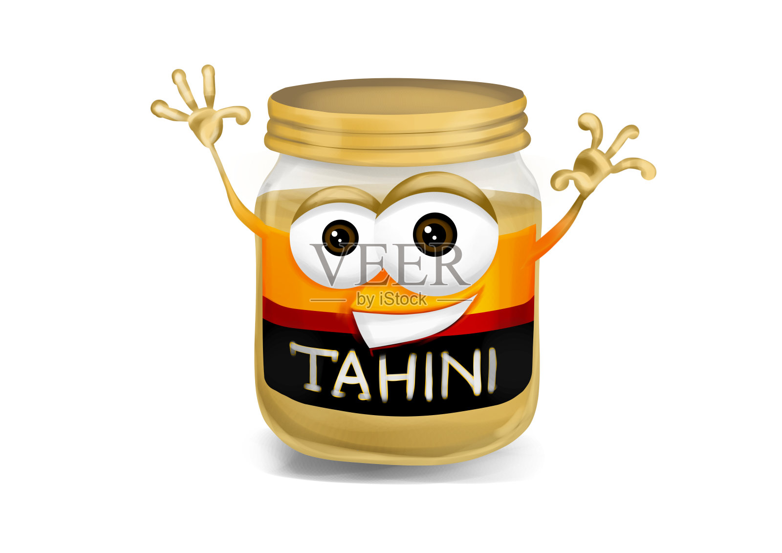 快乐芝麻酱缸，芝麻酱卡通人物举着手照片摄影图片