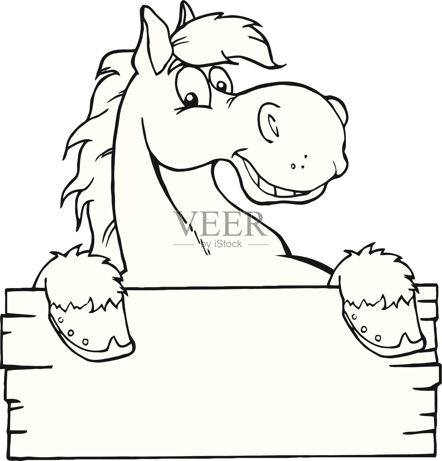 黑白快乐卡通马与空白标志插画图片素材