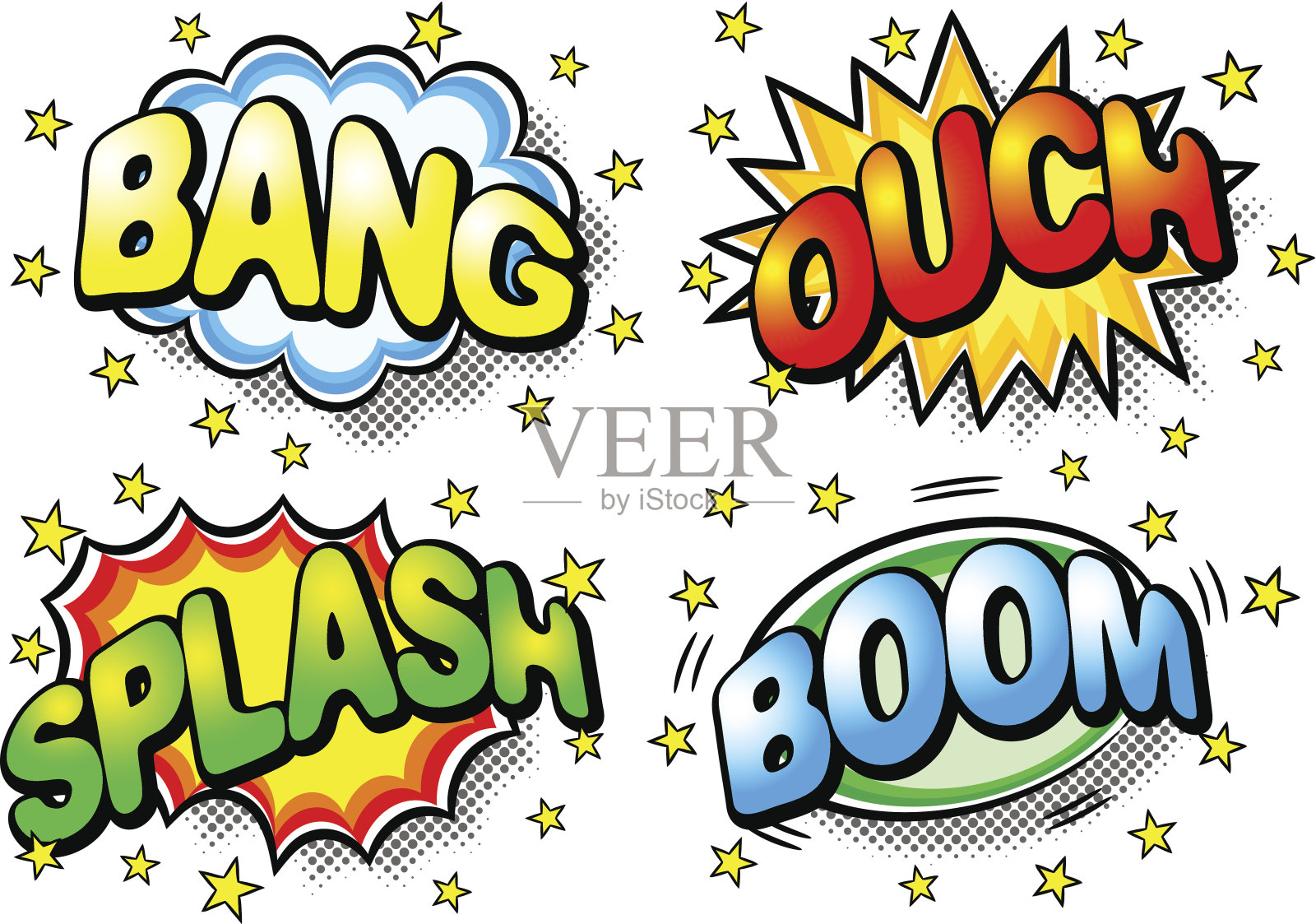 彩色效果的泡泡伴随着砰的一声，哎哟，溅起，砰的一声插画图片素材