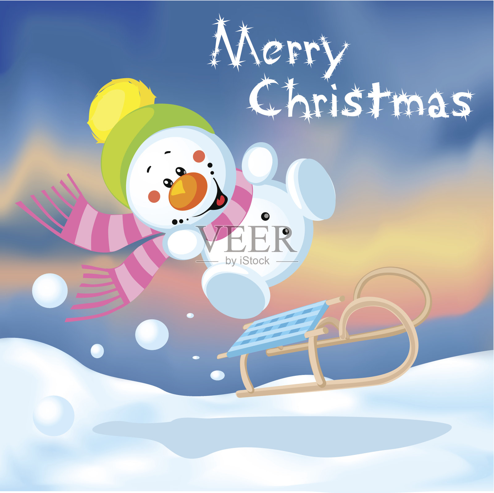 滑稽的雪人玩雪橇插画图片素材