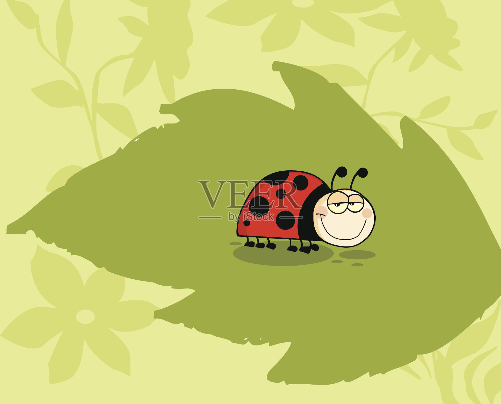 带背景的叶子上微笑的瓢虫插画图片素材
