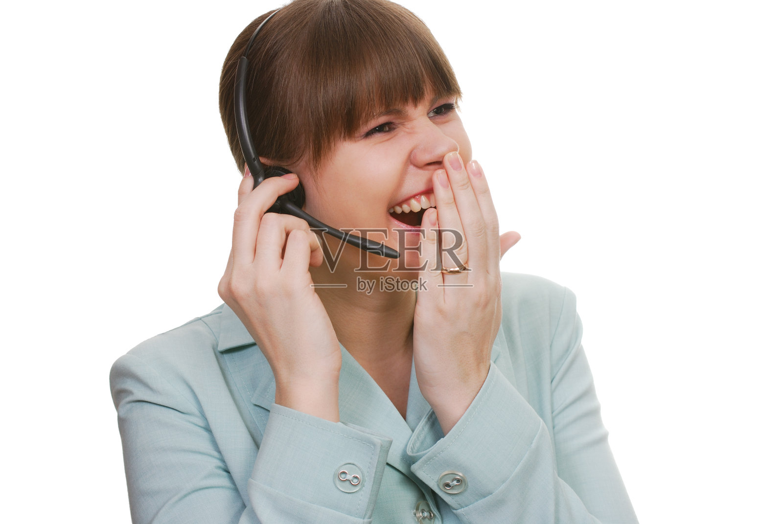 有趣的客服人员被隔离在白色的照片摄影图片