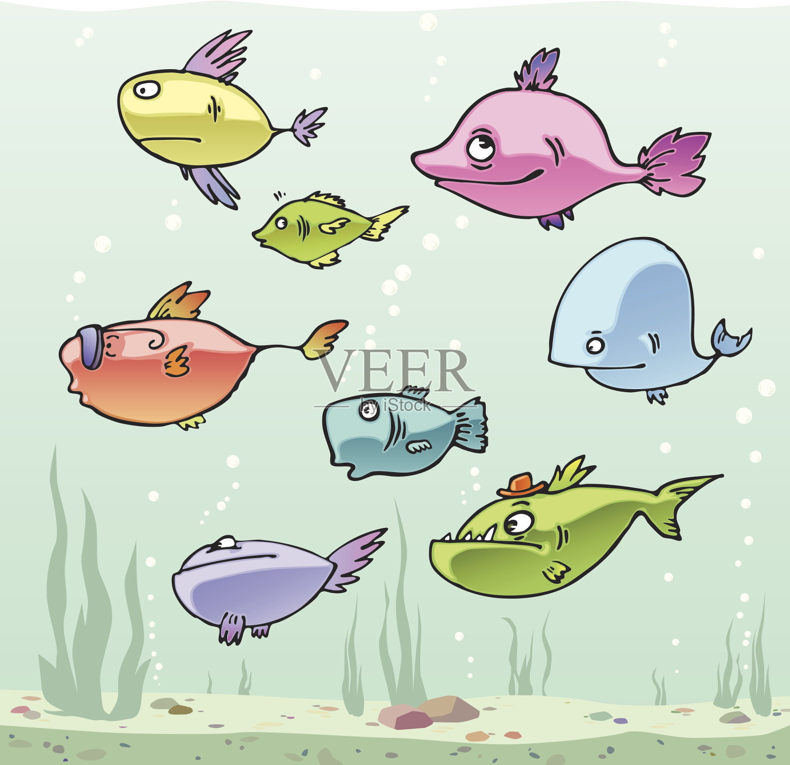 一套卡通鱼。插画图片素材