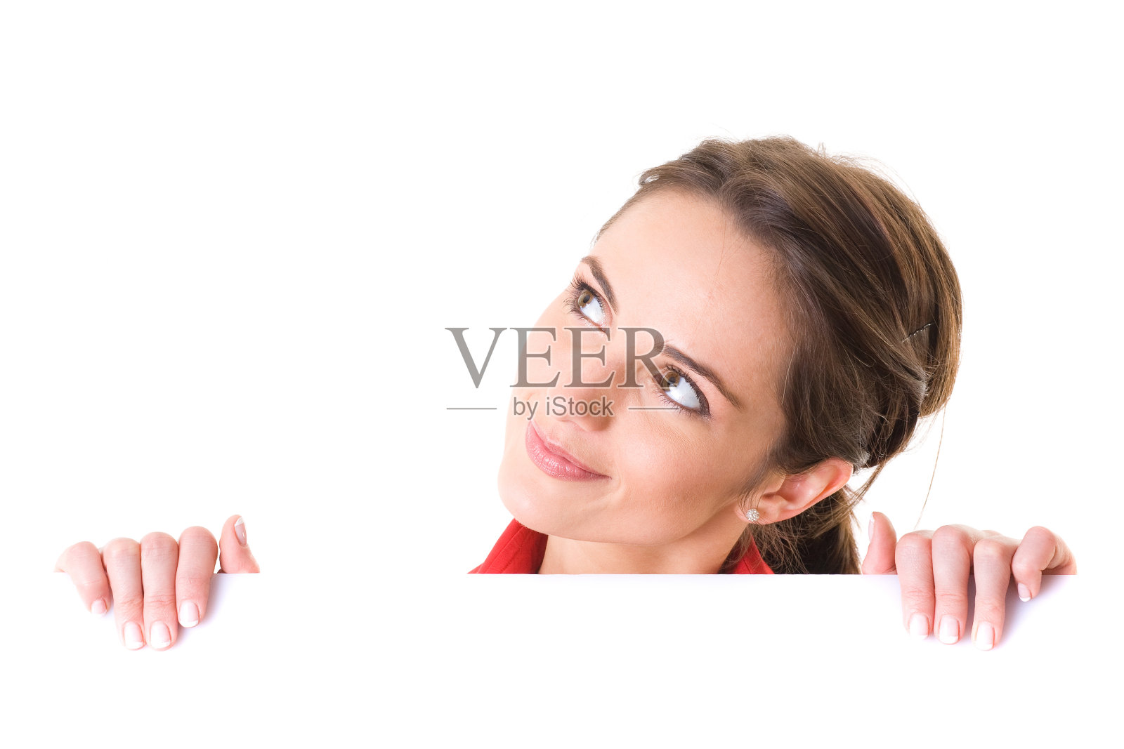 迷人的女商人手持白板，孤立无间照片摄影图片