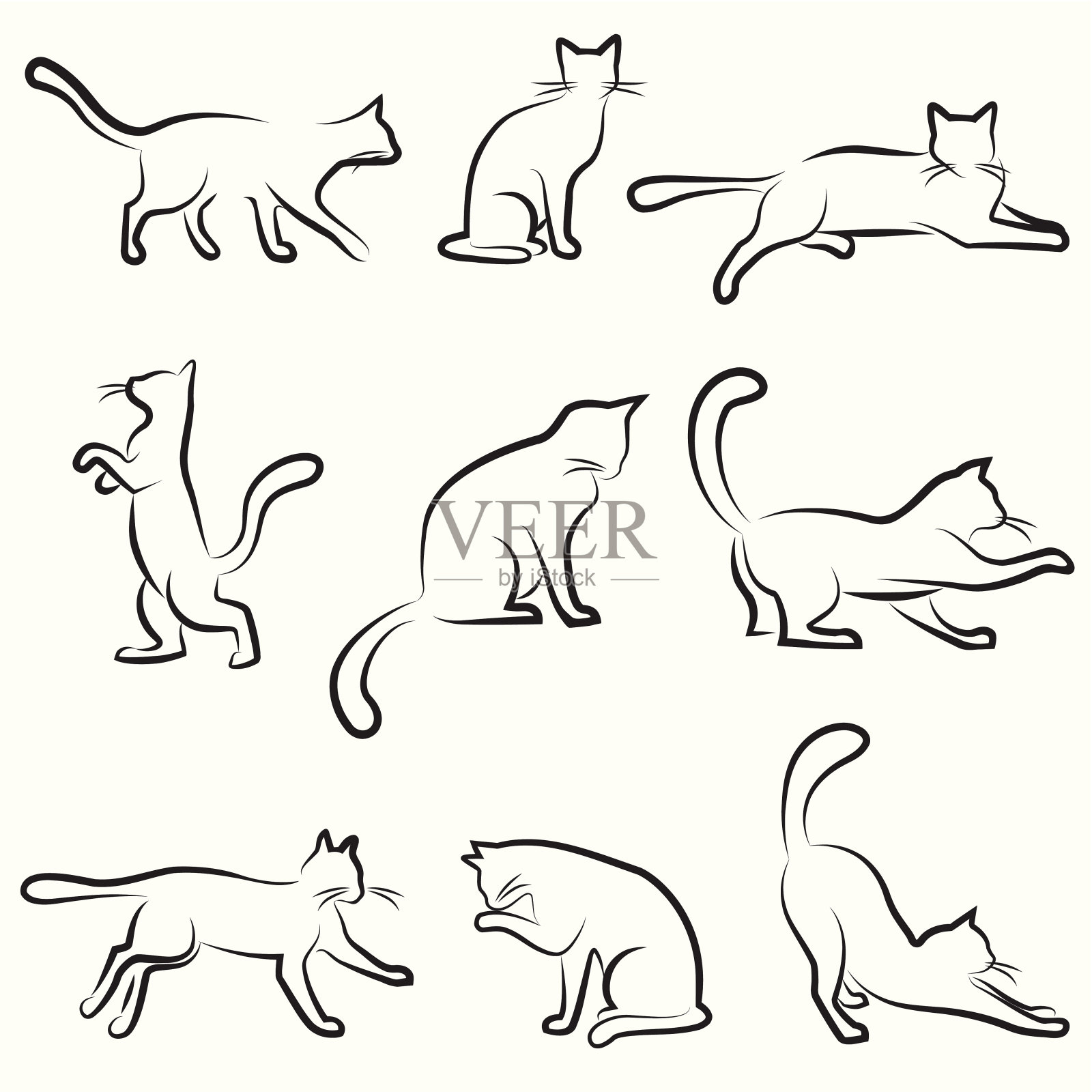 9个不同位置的猫的黑色轮廓图像插画图片素材