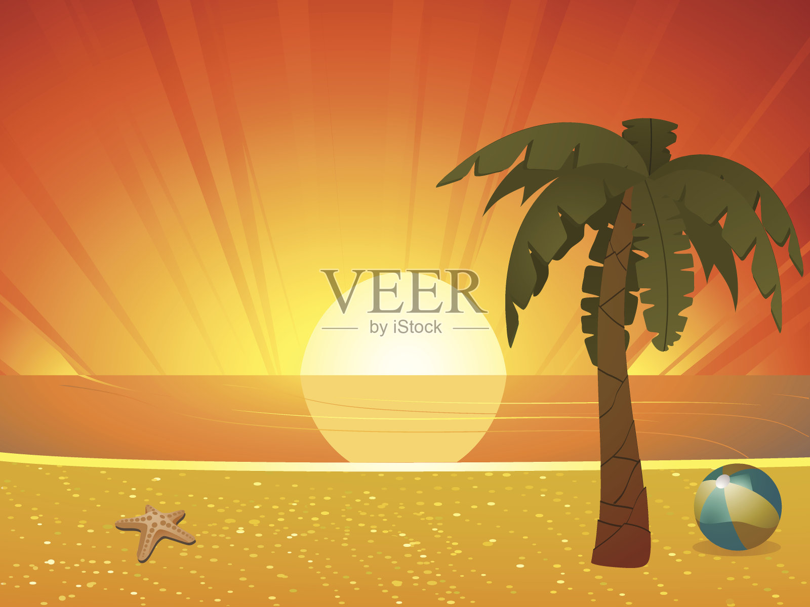 夏日日落沙滩上有棕榈树插画图片素材