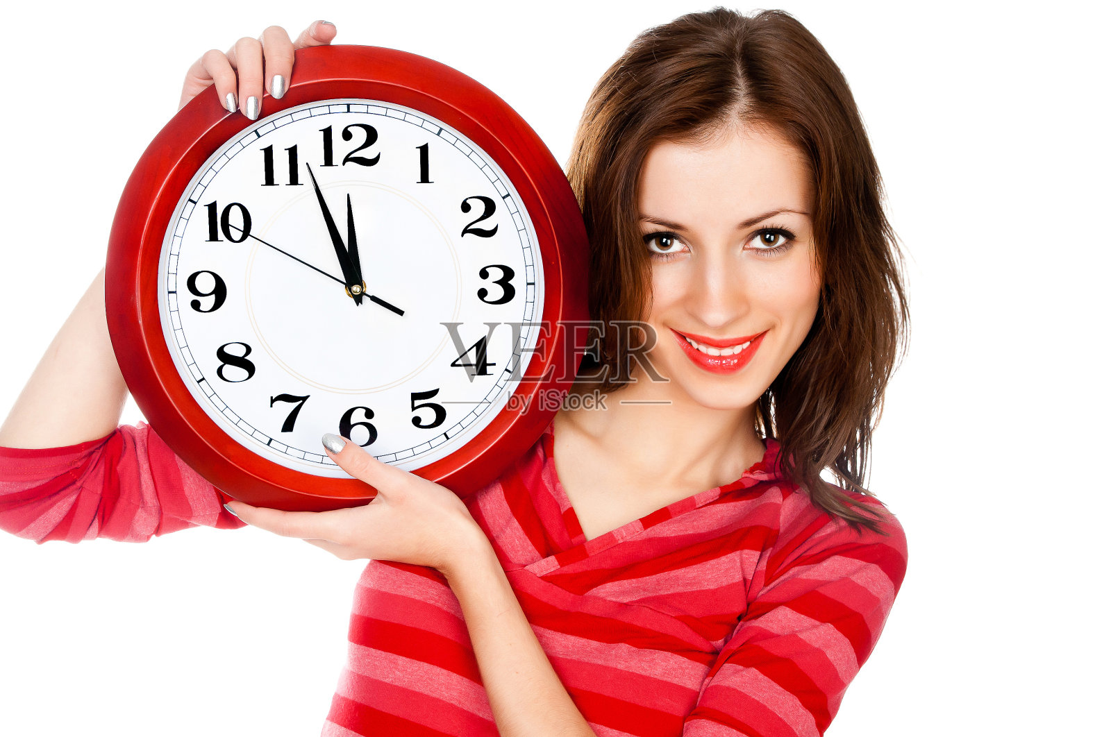 白衣女子与时钟隔离照片摄影图片