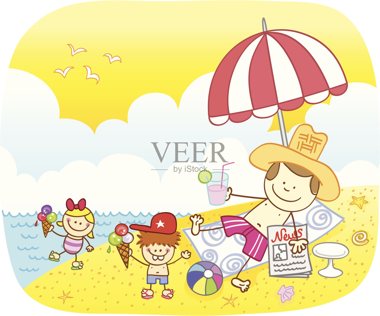 父亲和孩子在海滩插图插画图片素材